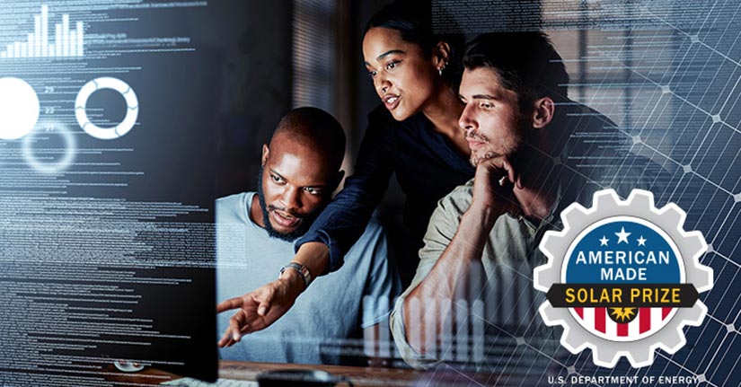 Image of three people standing around a computer working on the American-Made Challenges Solar Forecasting Prize