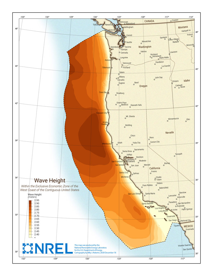 Colorful model depicting wave height off the west coast