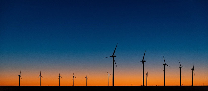 Photo of two rows of wind turbines at sunset.