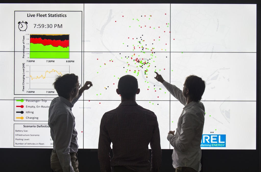 Three researchers are pointing to a large computer screen with red, green, and black dots. 