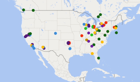 A map of the U.S. with multicolored dots indicating recycling facilities. 