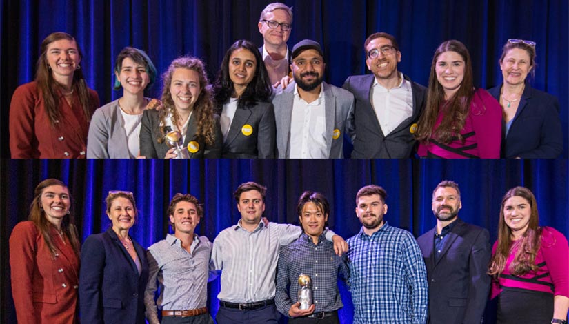 Two separate teams of students pose with trophies and competition organizers on stage.