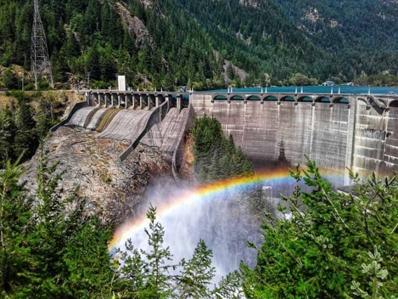 A rainbow in front of a dam