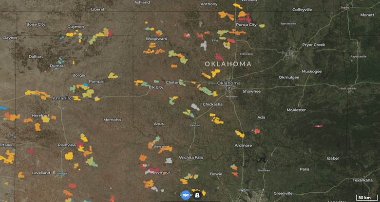 A screenshot of the U.S. Wind Turbine Database interface showing Oklahoma