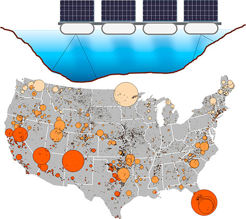 Illustration of locations of human-made bodies of water on a U.S. map suitable for floating PV