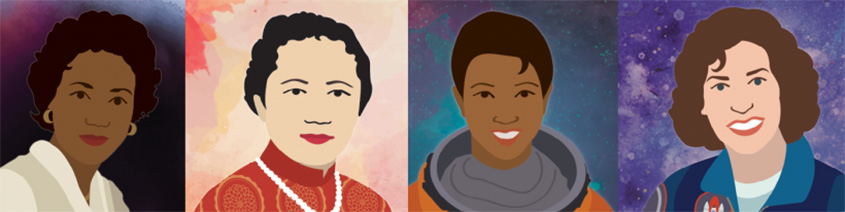 Illustrations of Annie Easley, Mae Jemison, Chien-Shiung Wu, and Ellen Ochoa