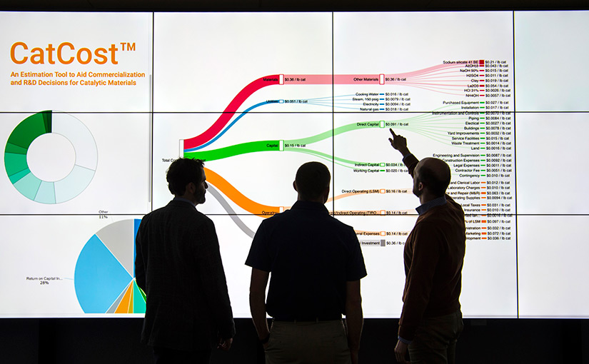 Three researchers stand in front of a large screen on which a web tool is projected.