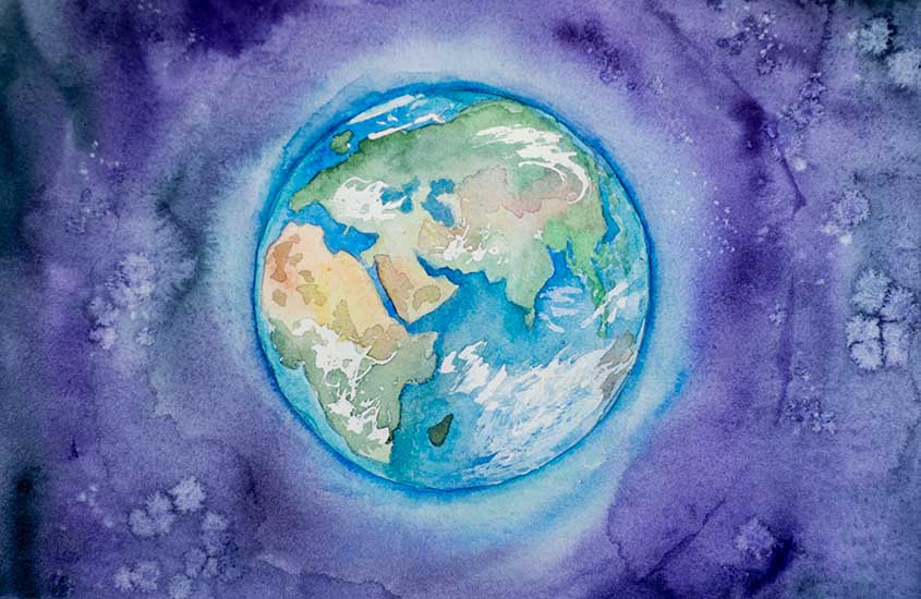A watercolor painting of the Earth as seen from space