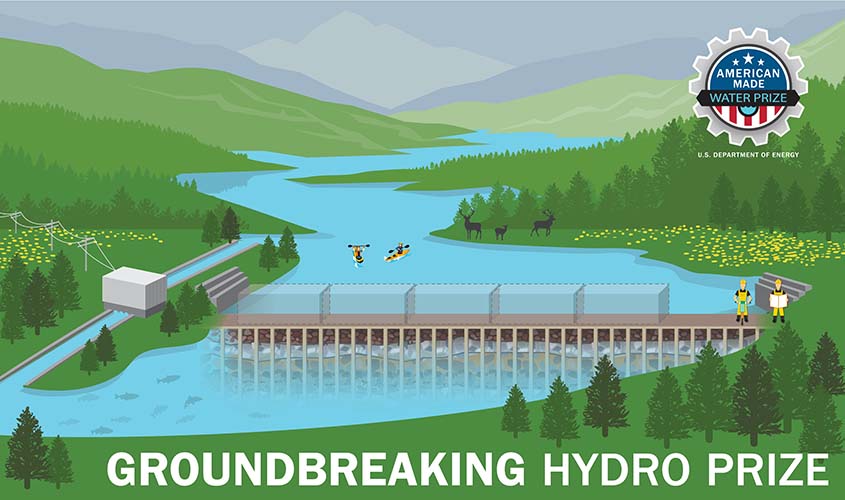 An illustration of a dam spanning a river in an idyllic setting with trees, mountains, people kayaking, fish swimming, and deer standing on shore.