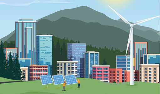 A cartoon of a city powered by solar panels and a wind turbine.