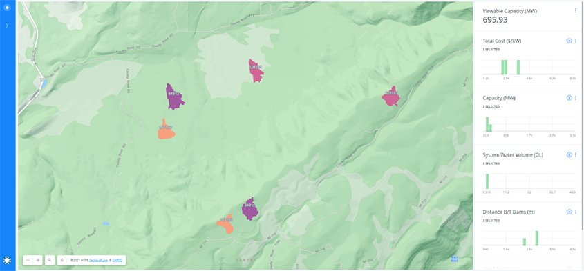 Screenshot of a topological map with colorful patches showing power generation capacity, cost, and other characteristics of various pumped storage hydropower sites.