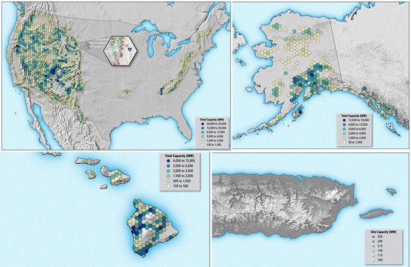 A map of the United States with shaded grid cells and points showing that closed-loop pumped storage hydropower potential covers much of the West Coast from California to Colorado as well as inland along the East Coast from Tennessee to New Hampshire and the Ozark mountains in Oklahoma and Arkansas. One hexagon is expanded to show greater detail and reads, "Detail area with individual PSH locations." And a legend shows the colors that correspond to different total capacity in megawatts, ranging from 100 to 29,000.