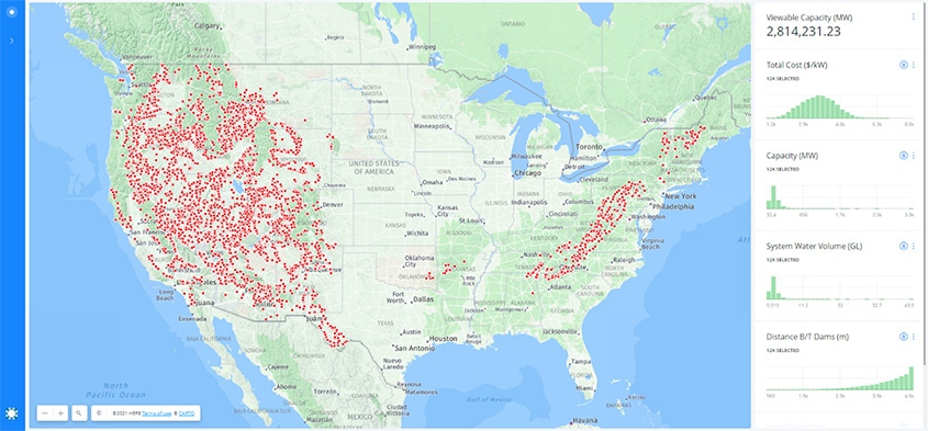 Screenshot of a topological map of the United States with dots showing potential pumped storage hydropower sites.