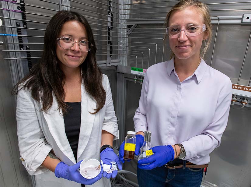Two scientists hold plastic samples and flasks in a laboratory.