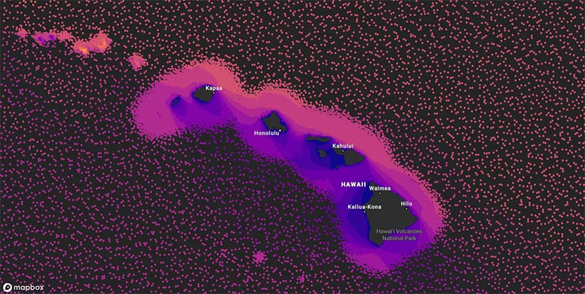 A graphic of Hawaii with colored dots around the islands, decreasing in concentration away from shore.