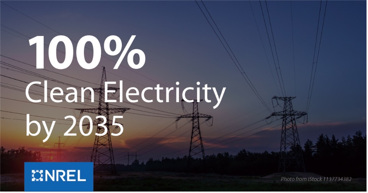 Transmission lines overlain with text reading, "100% Clean Electricity by 2034" and the NREL logo.