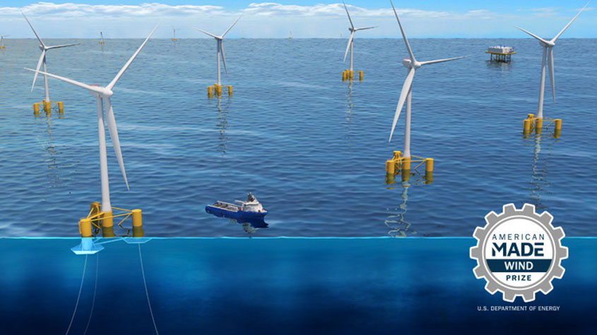 Illustration of an array of offshore wind energy turbines and a ship moving among them that shows the massive scale of the turbines. One turbine features underwater detail of its substructure, with attached cables going deep into the ocean water. In the corner is a U.S. Department of Energy American-Made Wind Prize logo.