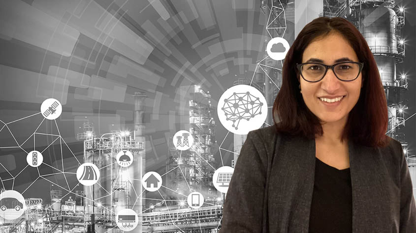 Headshot of Avantika Singh overlain on black-and-white photos and icons of industrial and science equipment.