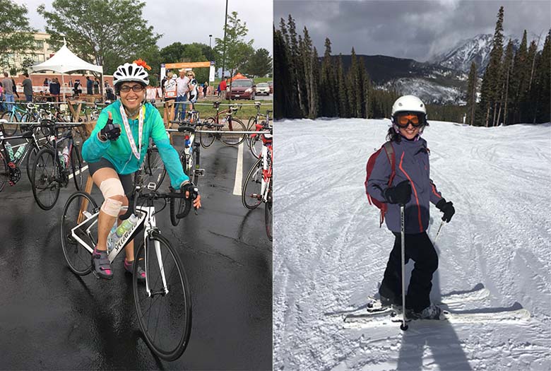 Avantika Singh on a bike next to a park and on skis on a snowy mountain.
