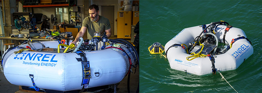 A person works on wires and mechanical devices in the center of an open hexagonal tube stamped with the NREL logo on the left, and on the right, the device floats in water.