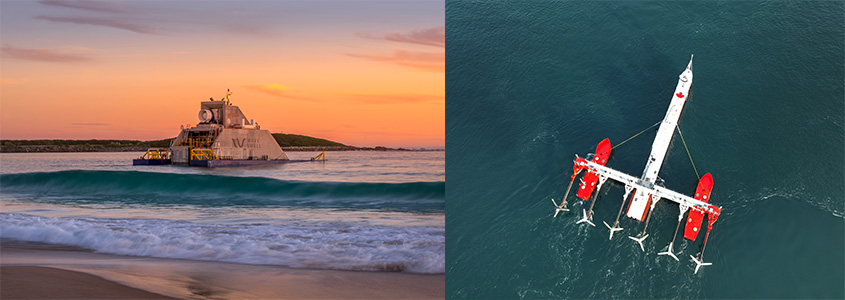 A boat just offshore of a beach on the left and, on the right, a skinny device gliding through the ocean towing six horizontally aligned turbines, as viewed from above.