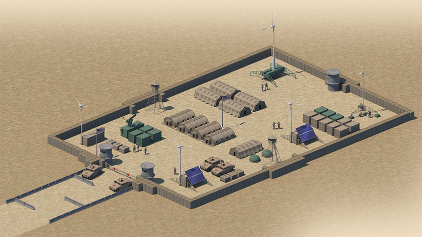 An illustration of a small, temporary military site receiving power from wind turbines and solar panels.