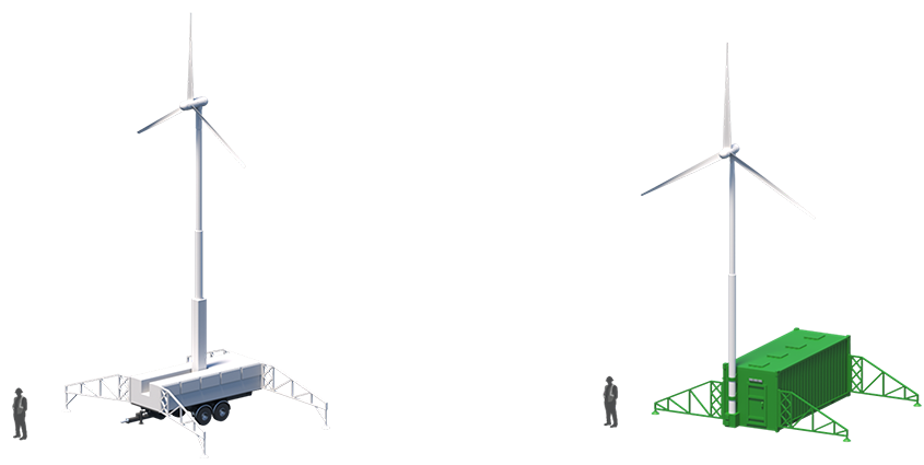 A graphic of two methods for installing wind turbines on shipping containers.