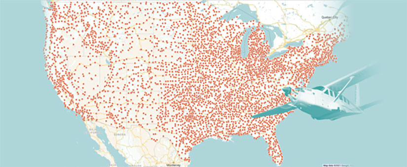 A map of the continental U.S., with numerous dots indicating the more-than 5,000 airports distributed across the country.