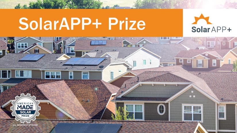 An image shows a neighborhood featuring solar panels on many of its roofs, with the SolarAPP+ logo at the top of the image.