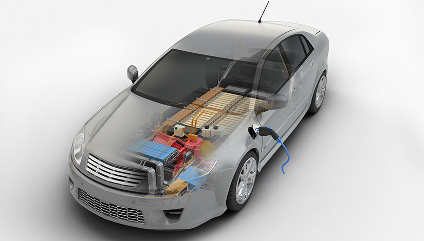 Graphic of an electric vehicle showing the charging port and inside engine.