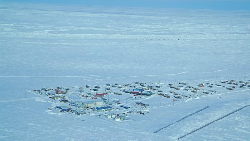 An aerial photo of the village of Point Lay, Alaska