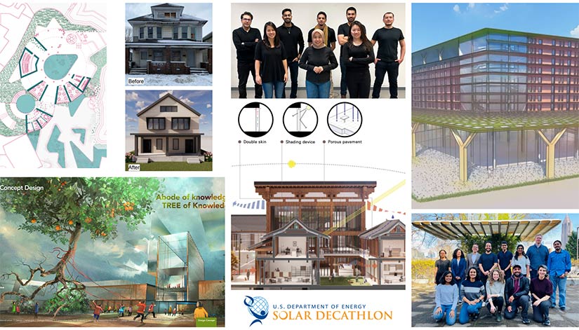 Collage containing two collegiate team photos, five renderings of different zero energy buildings, and an example of an existing home energy retrofit.