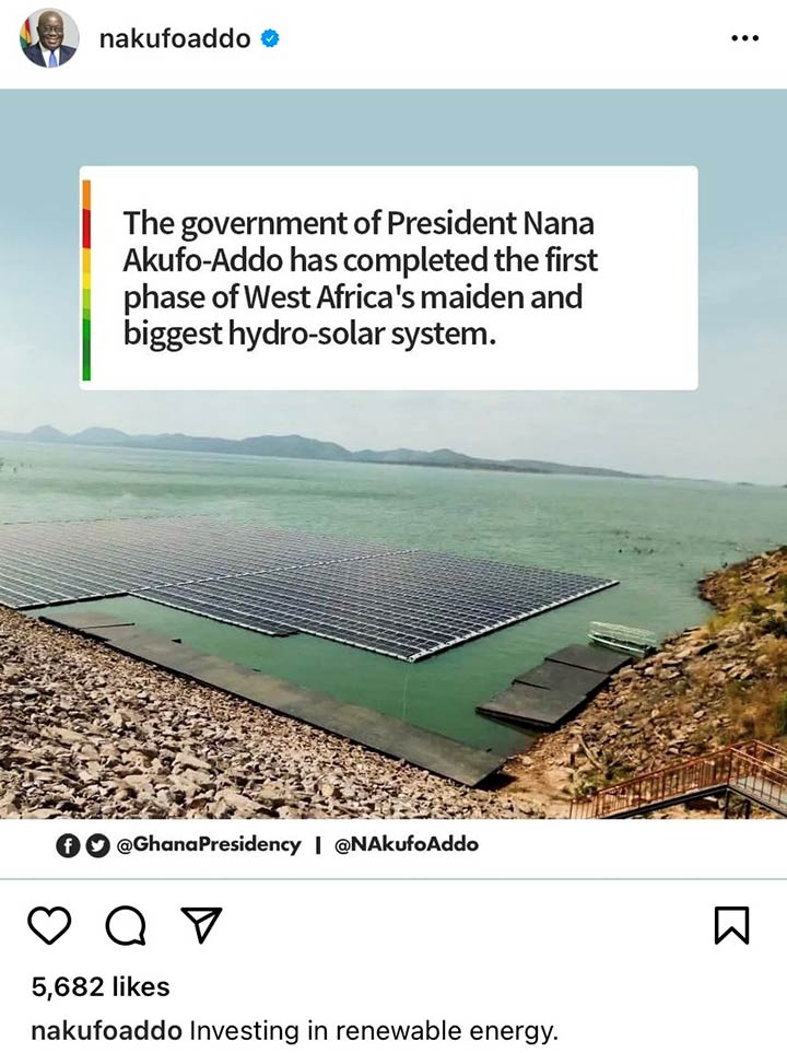 An Instagram picture posted by the President of Ghana. The picture contains floating solar on water, blue sky, and mountains, and the image has a text box layered on the photo.
