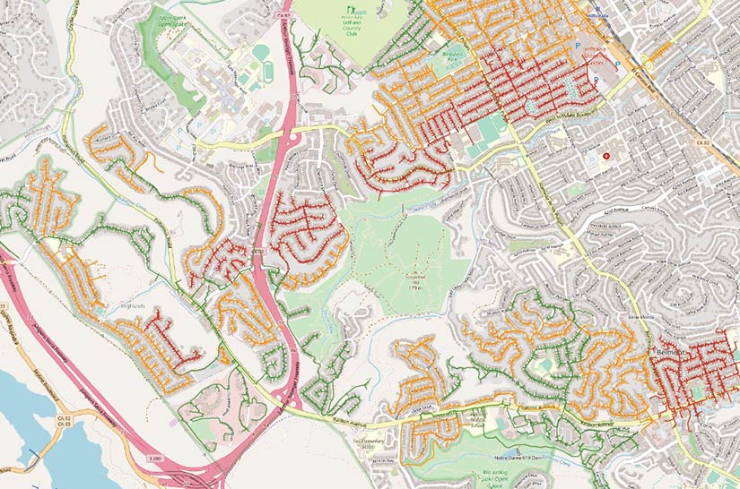 A representation of an HCA map showing green, yellow, and red colored lines over topography that correspond with varying amounts of hosting capacity value in an area.