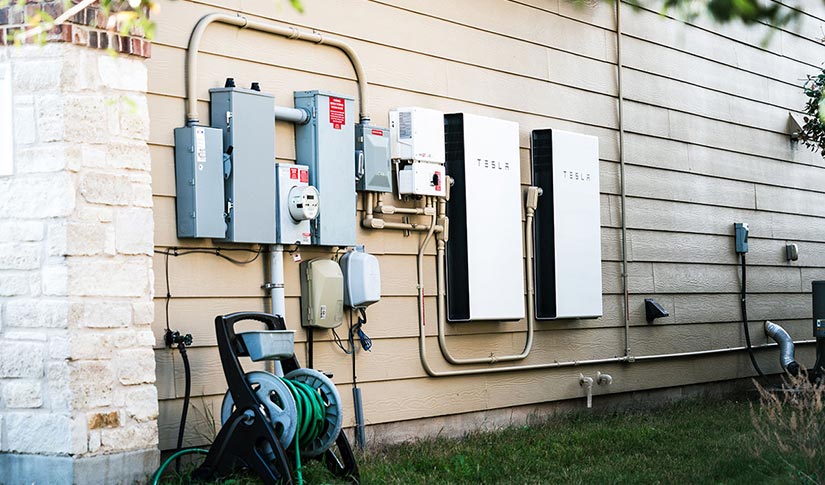 Photo of a Tesla power wall on the side of a house.