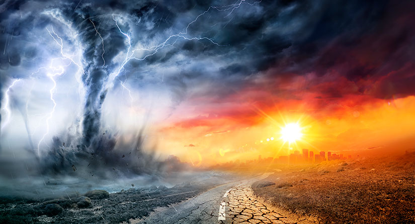 A split-screen image montage divided by a road. On the left, a tornado funnel. On the right, blinding sun and parched cracking earth.