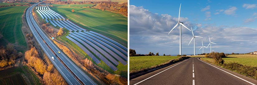 On the left is a photo of a freeway cutting through a landscape of green rolling hills with a solar farm running alongside the right side of the road. On the left is a photo of a highway running alongside wind turbines.