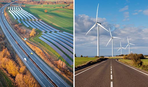 On the left is a photo of a freeway cutting through a landscape of green rolling hills with a solar farm running alongside the right side of the road. On the left is a photo of a highway running alongside wind turbines.