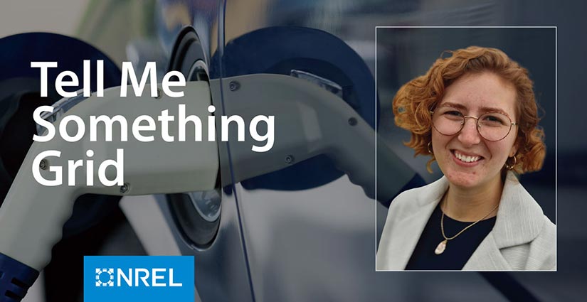 Photo of electric vehicles parked along a street and plugged into chargers. A woman's headshot is overlayed with the text Tell Me Something Grid.