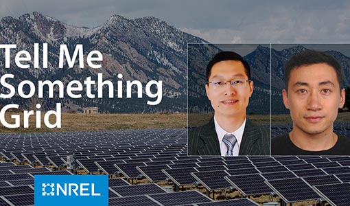 A photo of snowy mountains in the background with ground-mounted solar panels in the foreground. Two headshots of men are overlayed with the text Tell Me Something Grid on the left.