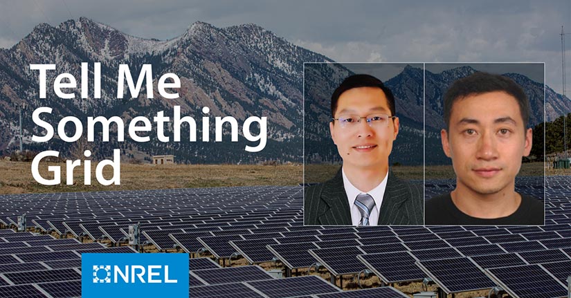 A photo of snowy mountains in the background with ground-mounted solar panels in the foreground. Two headshots of men are overlayed with the text Tell Me Something Grid on the left.