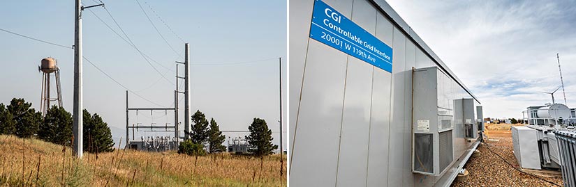 On the left, photo of transmission lines connected to a substation. On the right, photo of a substation located at NREL's Flatirons Campus that is used for grid integration research.