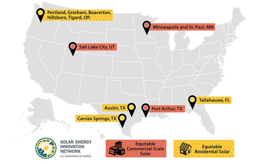A map of the united states representing the Round 3 Solar Energy Innovation Network Teams. Locations include Oregon, Utah, Minnesota, Texas, and Florida.