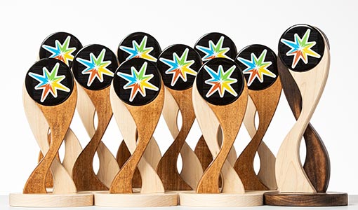 A group of wooden trophies.