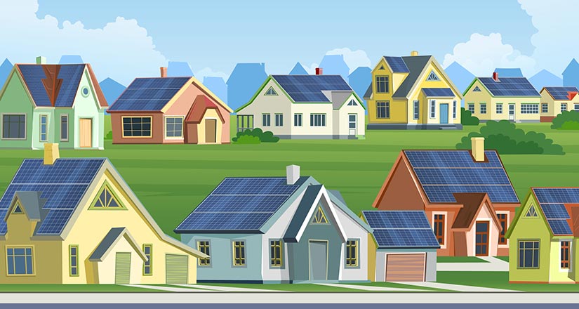 Illustration of homes with solar panels on the roofs. 