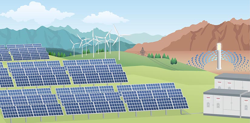 Illustration of different types of renewable energy.