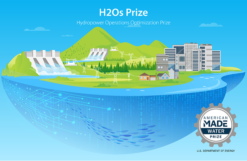 An illustration of a city and farms powered by hydropower overlaid with the American-Made logo and prize name.