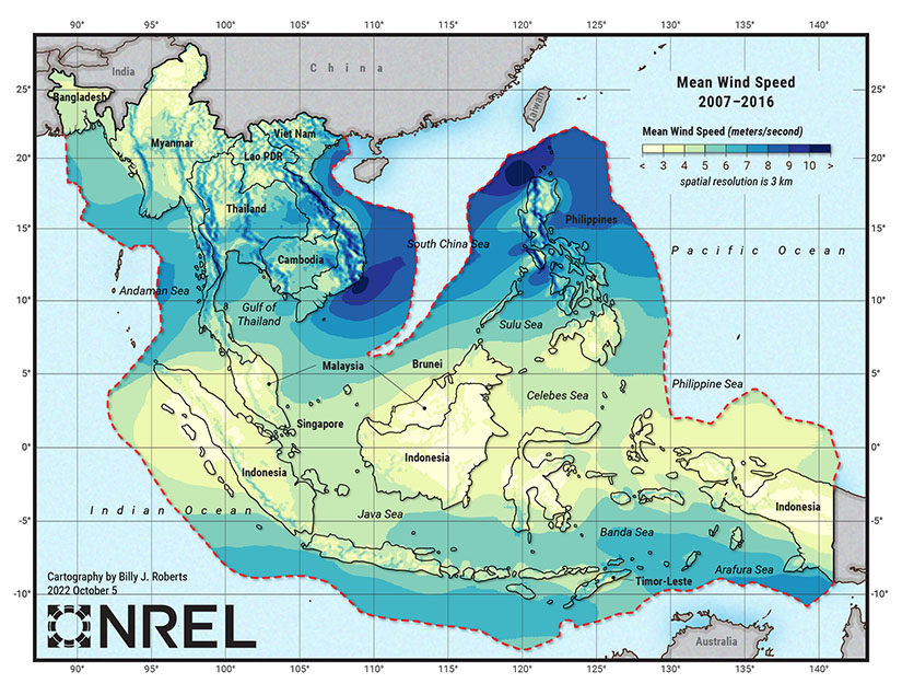 A map of Southeast Asia uses colors to show 9 years of wind speed data across the region at 3-km resolution.