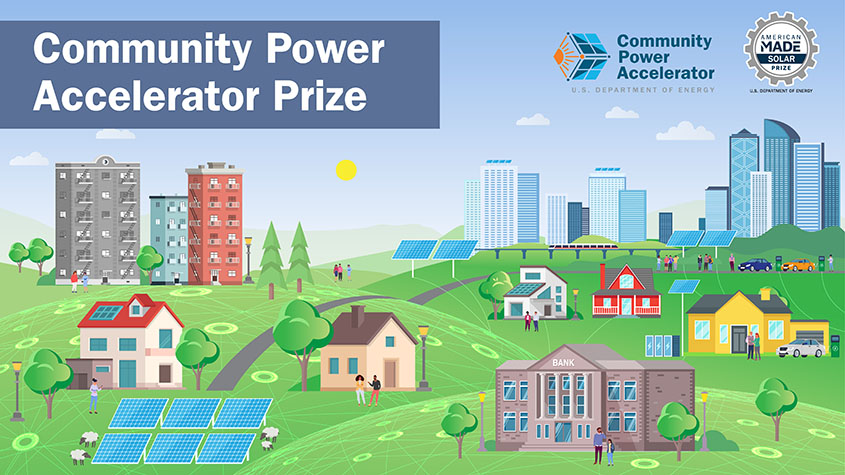 A cartoon of houses and a city powered by solar panels titled “Community Power Accelerator Prize” with logos for the U.S. Department of Energy’s Community Power Accelerator and the American-Made Solar Prize in a corner.