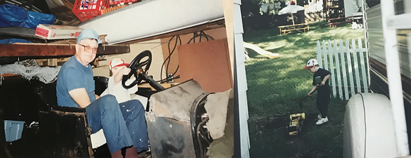 Patrick, as a kid, sitting in an old, topless, two-seater car with his grandfather in a garage next to a photo of Patrick, as a kid, playing with a toy truck in a backyard.